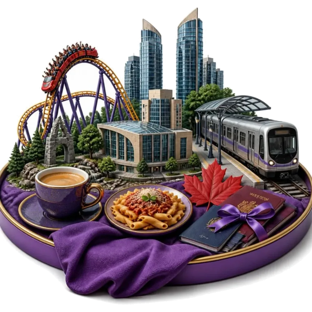 Ilustración de Vaughan: una montaña rusa, una taza de espresso, un plato de pasta, un tren de metro, una hoja de arce y pasaportes