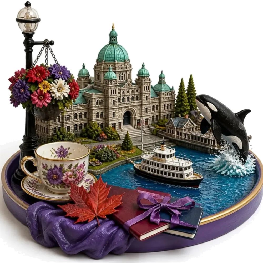 Ilustración de Victoria: el parlamento con cúpula, el Inner Harbour con un pequeño ferri, una maceta colgante de flores, una orca, una hoja de arce y pasaportes