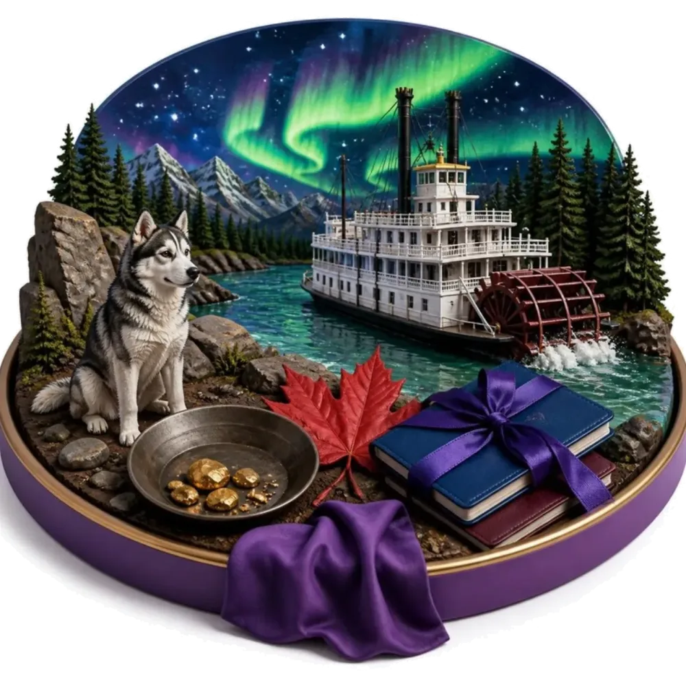 Ilustración de Whitehorse: el barco de vapor SS Klondike, el río Yukón, una batea de oro, la aurora boreal, una hoja de arce y pasaportes