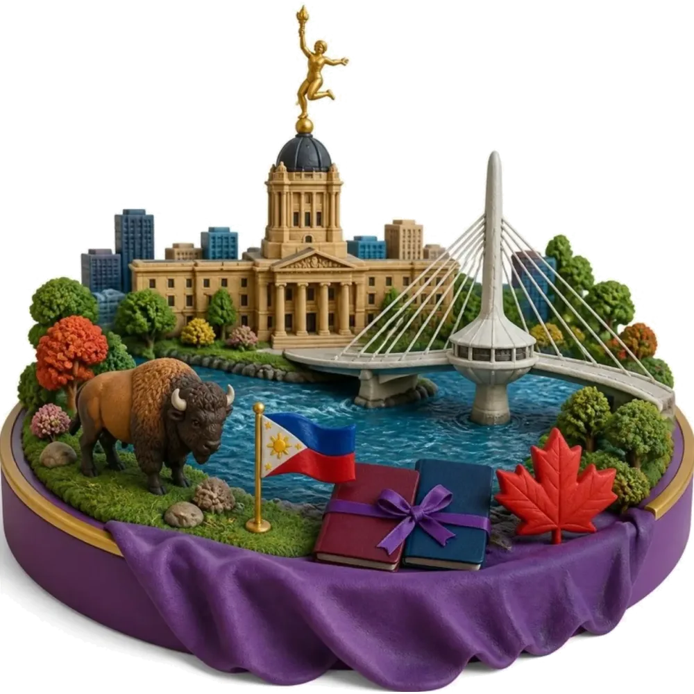 Ilustración de Winnipeg: el Golden Boy del Palacio Legislativo, el puente Esplanade Riel, un bisonte, una bandera de Filipinas, una hoja de arce y pasaportes