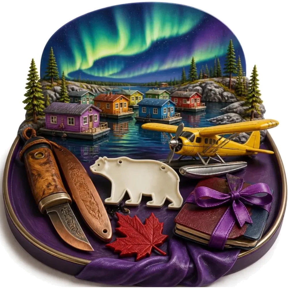 Ilustración de Yellowknife: casas flotantes en el Great Slave Lake, la aurora boreal, un cuchillo de hoja de cobre, una avioneta, una hoja de arce y pasaportes