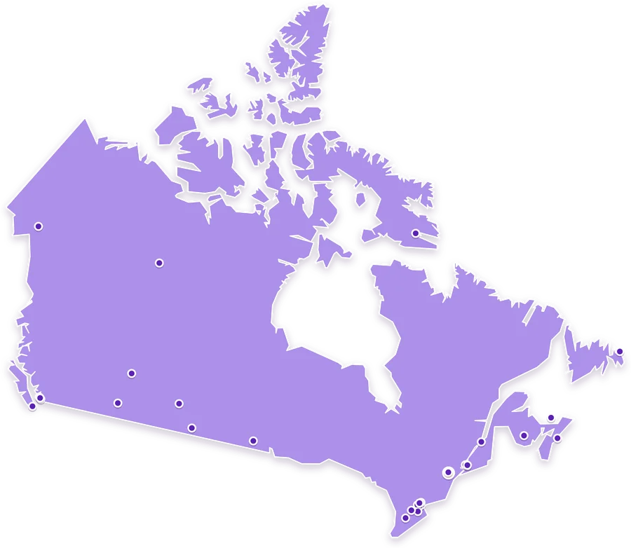 Mapa de Canadá con las ciudades que atendemos marcadas