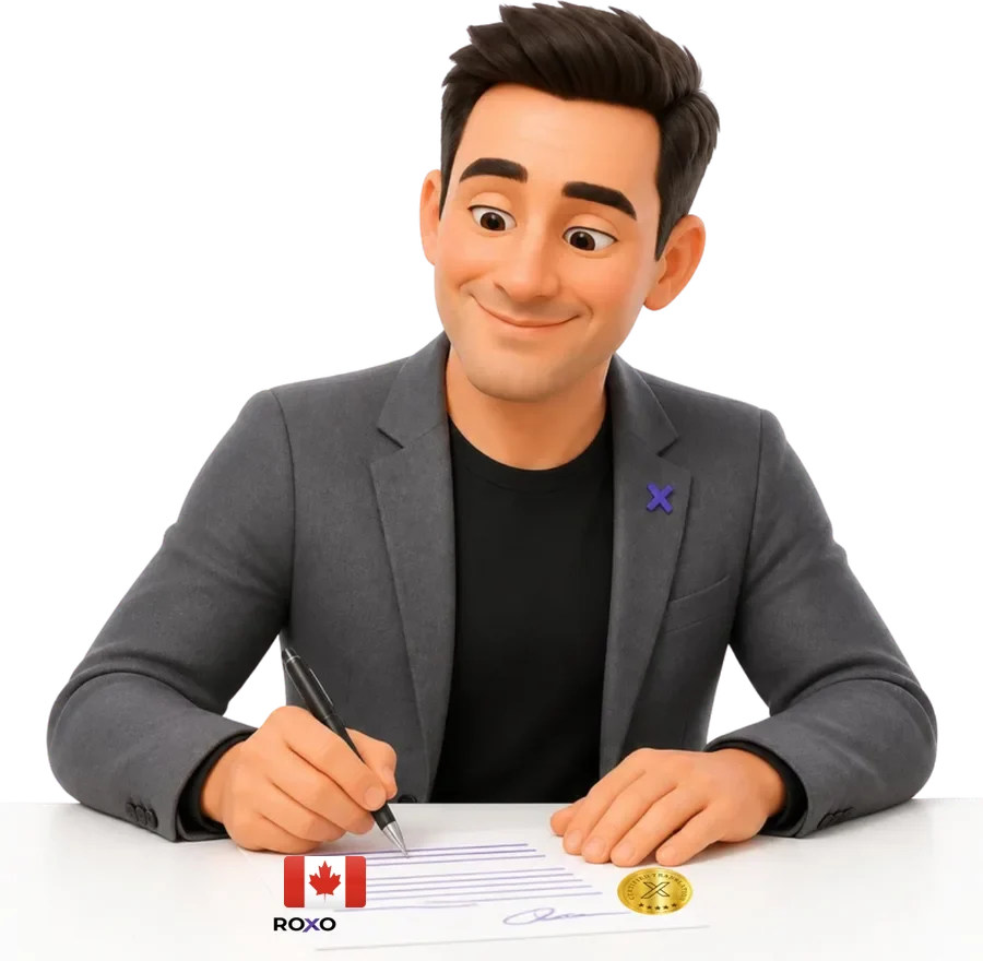 Traductora de Roxo firmando el affidavit de una traducción certificada para Canadá