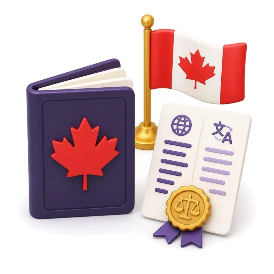 Canadian passport with the red maple leaf, the flag of Canada and a translated document with a gold notary seal