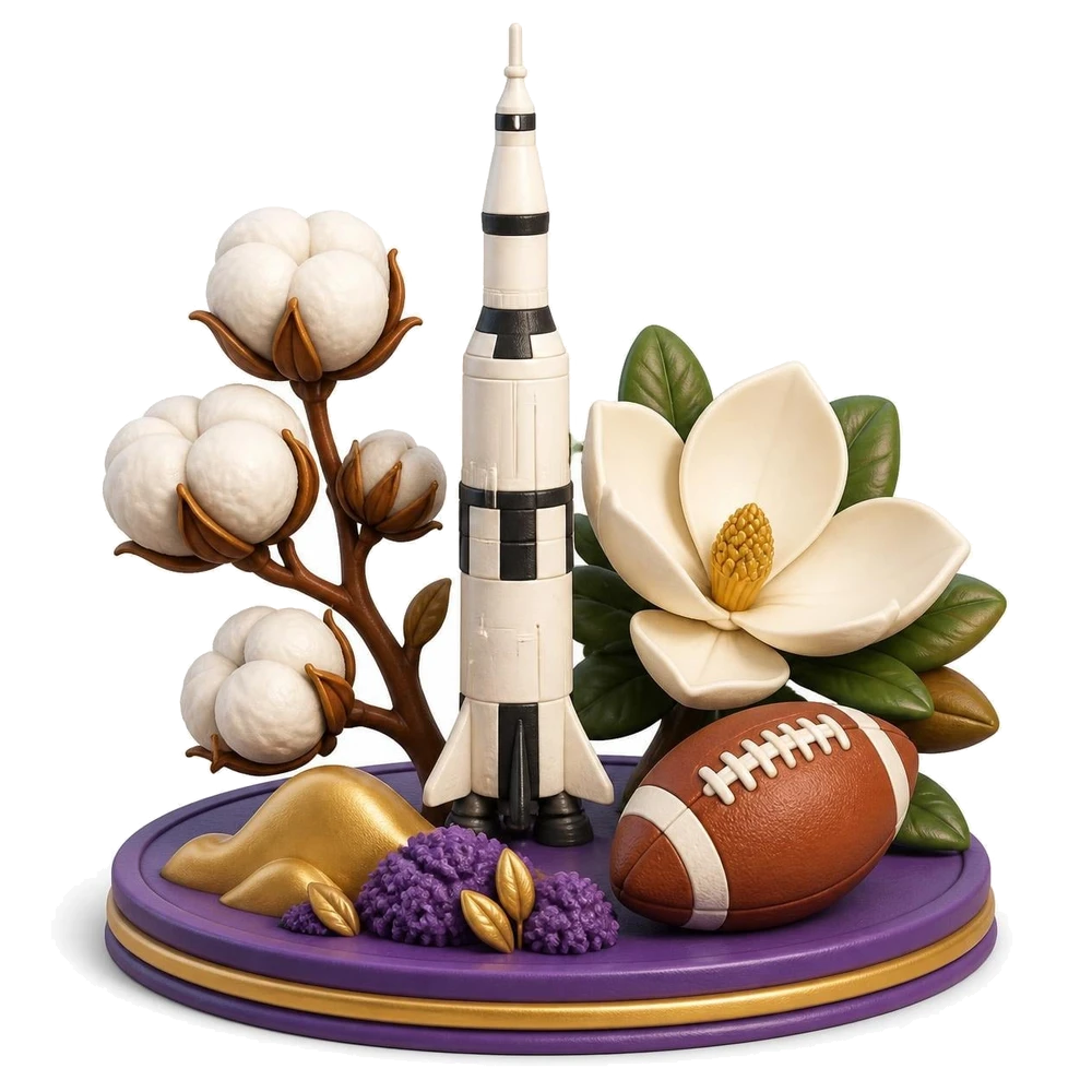Alabama illustration with a space rocket, a cotton plant, a magnolia flower and a football