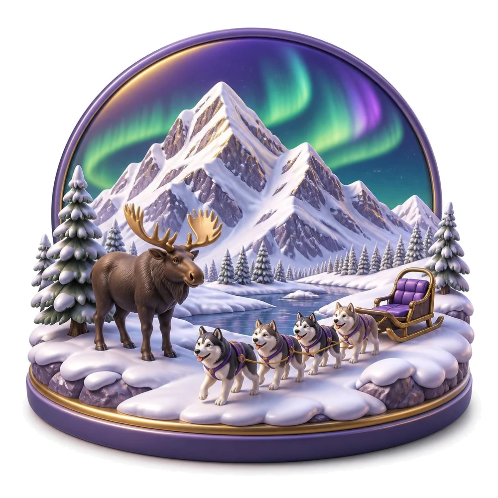 Alaska illustration with a snowy mountain, a moose, northern lights and a dog sled