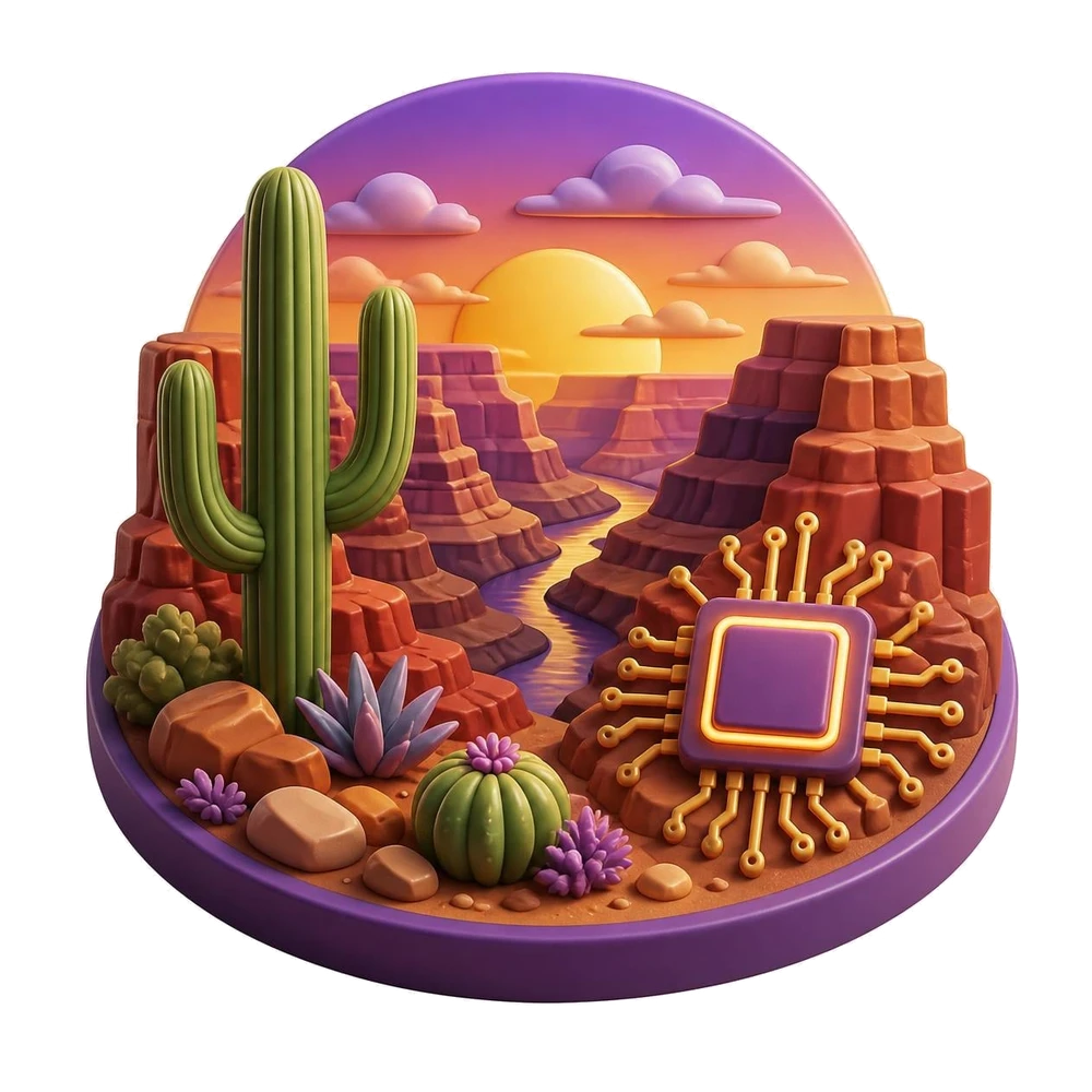 Arizona illustration with the Grand Canyon, a saguaro cactus, a desert sunset and a microchip