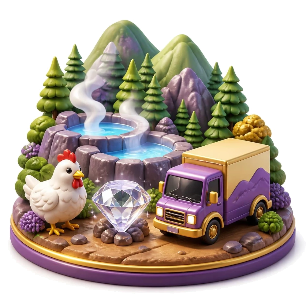 Arkansas illustration with a diamond, forested mountains with hot springs, a chicken and a delivery truck