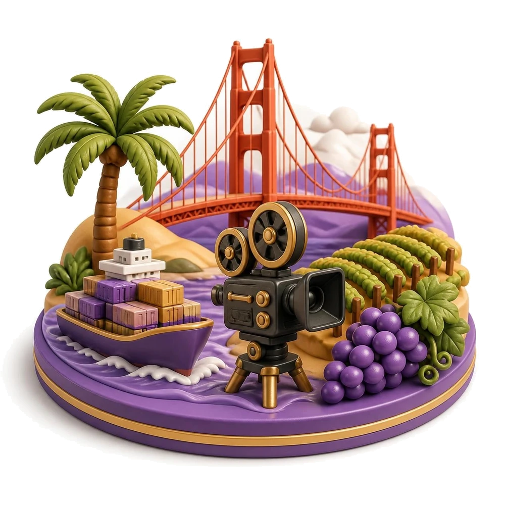 California illustration with the Golden Gate Bridge, a palm tree, a film camera, a vineyard and a container ship