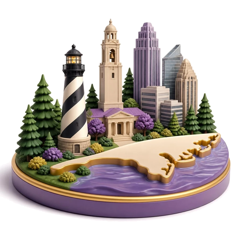 North Carolina illustration with a striped lighthouse, a university tower, pine trees and bank buildings