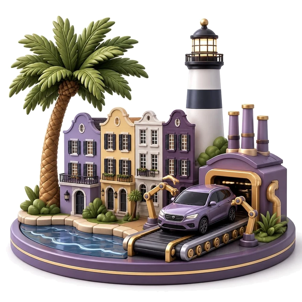 South Carolina illustration with a palmetto tree, colorful row houses, a lighthouse and a car factory