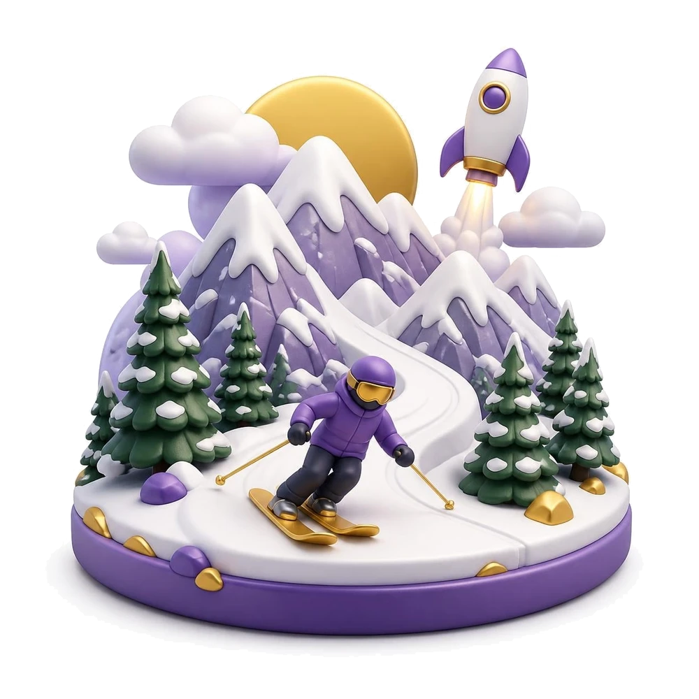 Colorado illustration with snowy Rocky Mountains, a skier, a pine forest and a rocket