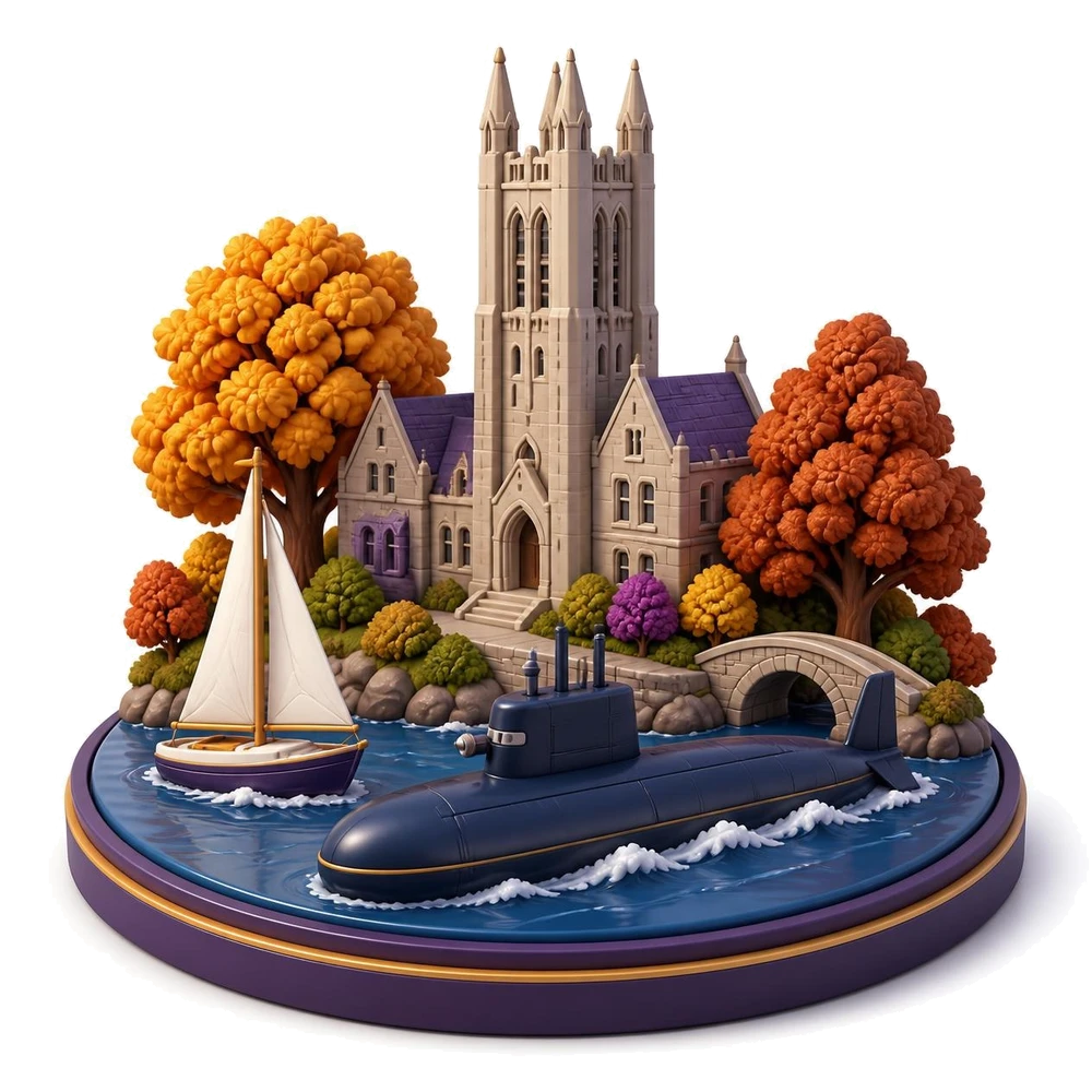 Connecticut illustration with a submarine, a gothic university tower, a sailboat and autumn trees