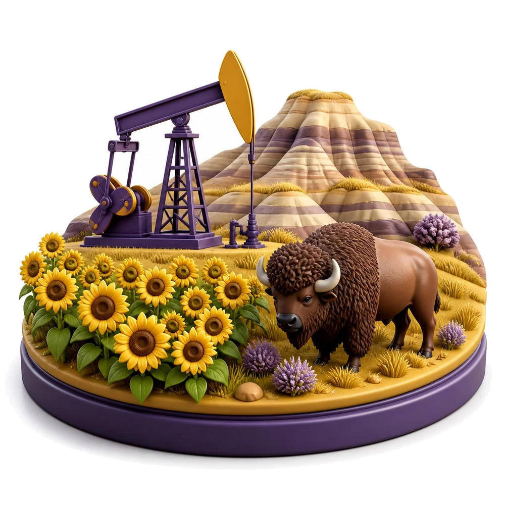 North Dakota illustration with an oil pump jack, a sunflower field, a bison and badlands hills