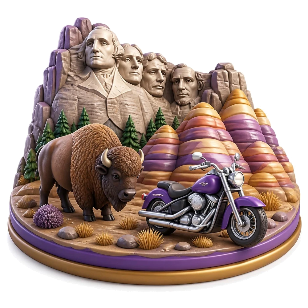 South Dakota illustration with a carved granite mountain, a bison, a motorcycle and badlands rocks
