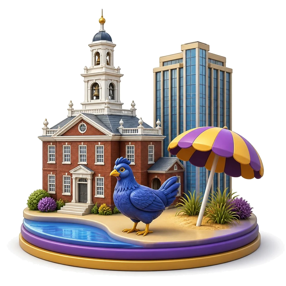 Delaware illustration with a historic brick hall, an office tower, a blue hen and a beach umbrella