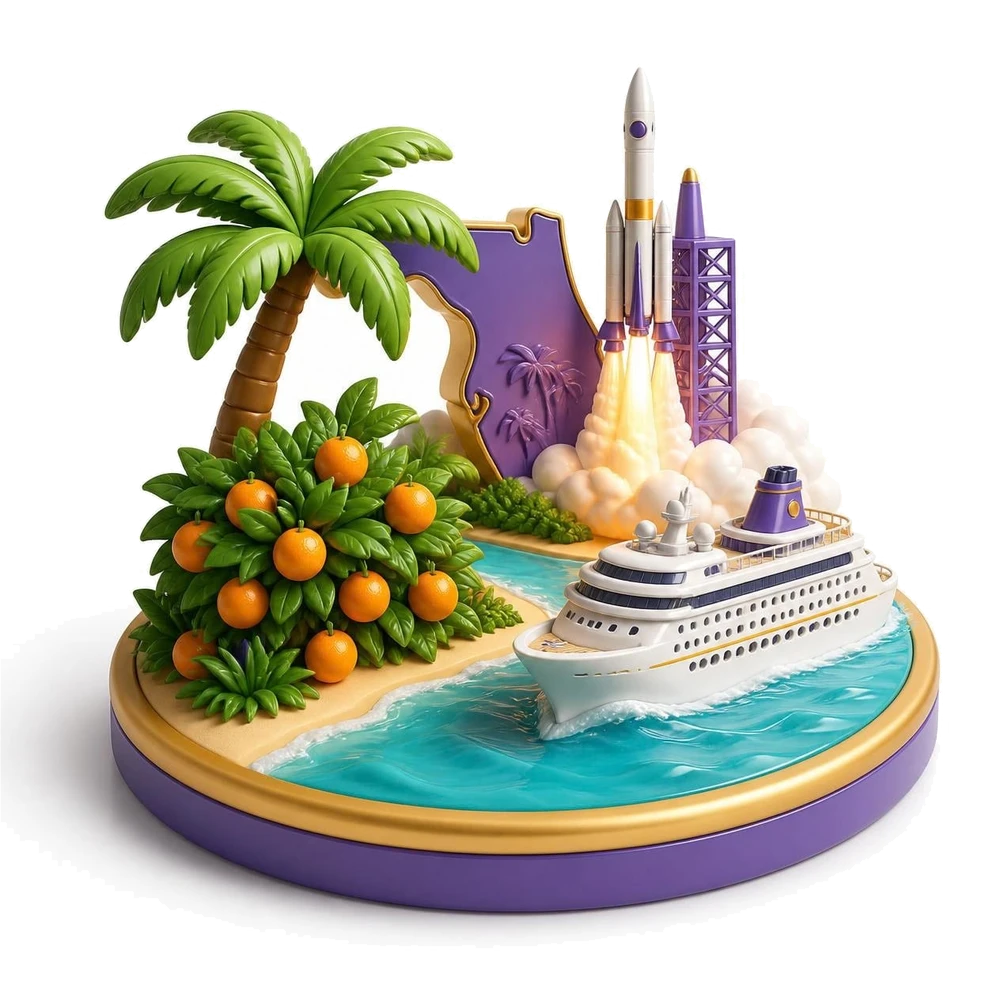 Florida illustration with the state map, a palm tree, an orange grove, a rocket launch and a cruise ship