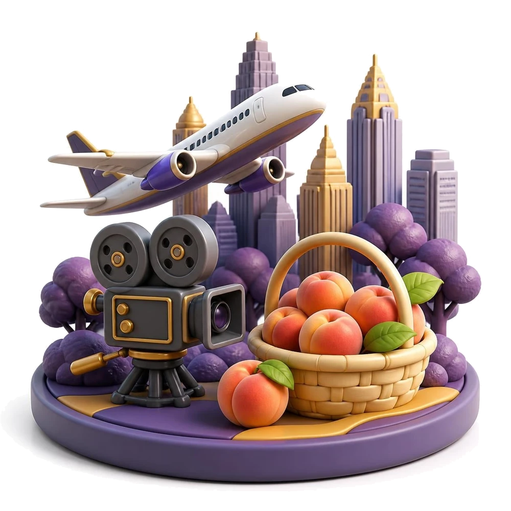 Georgia illustration with an airplane taking off, a film camera, peaches and the Atlanta skyline