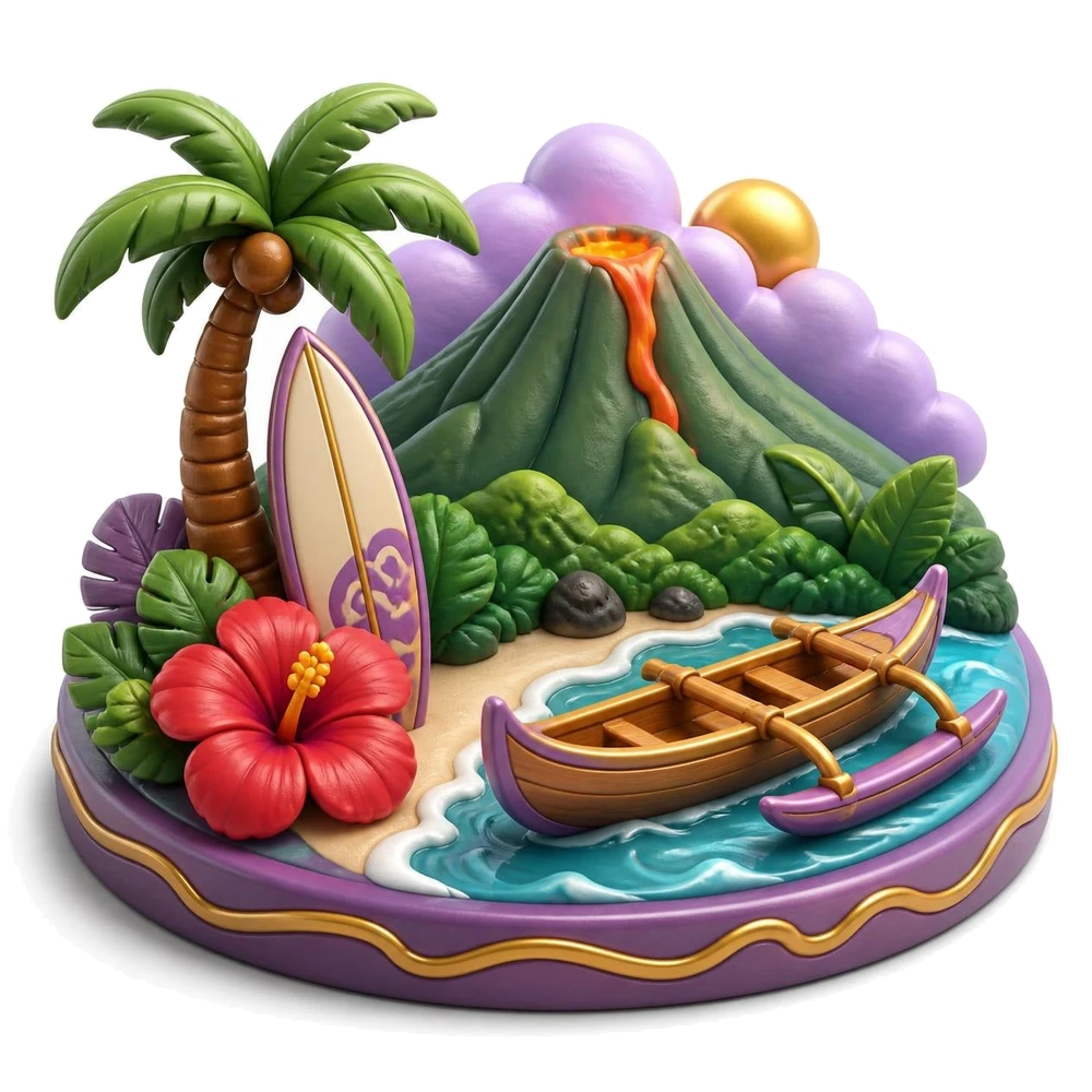 Hawaii illustration with a volcano, a surfboard, a hibiscus flower, a palm tree and an outrigger canoe