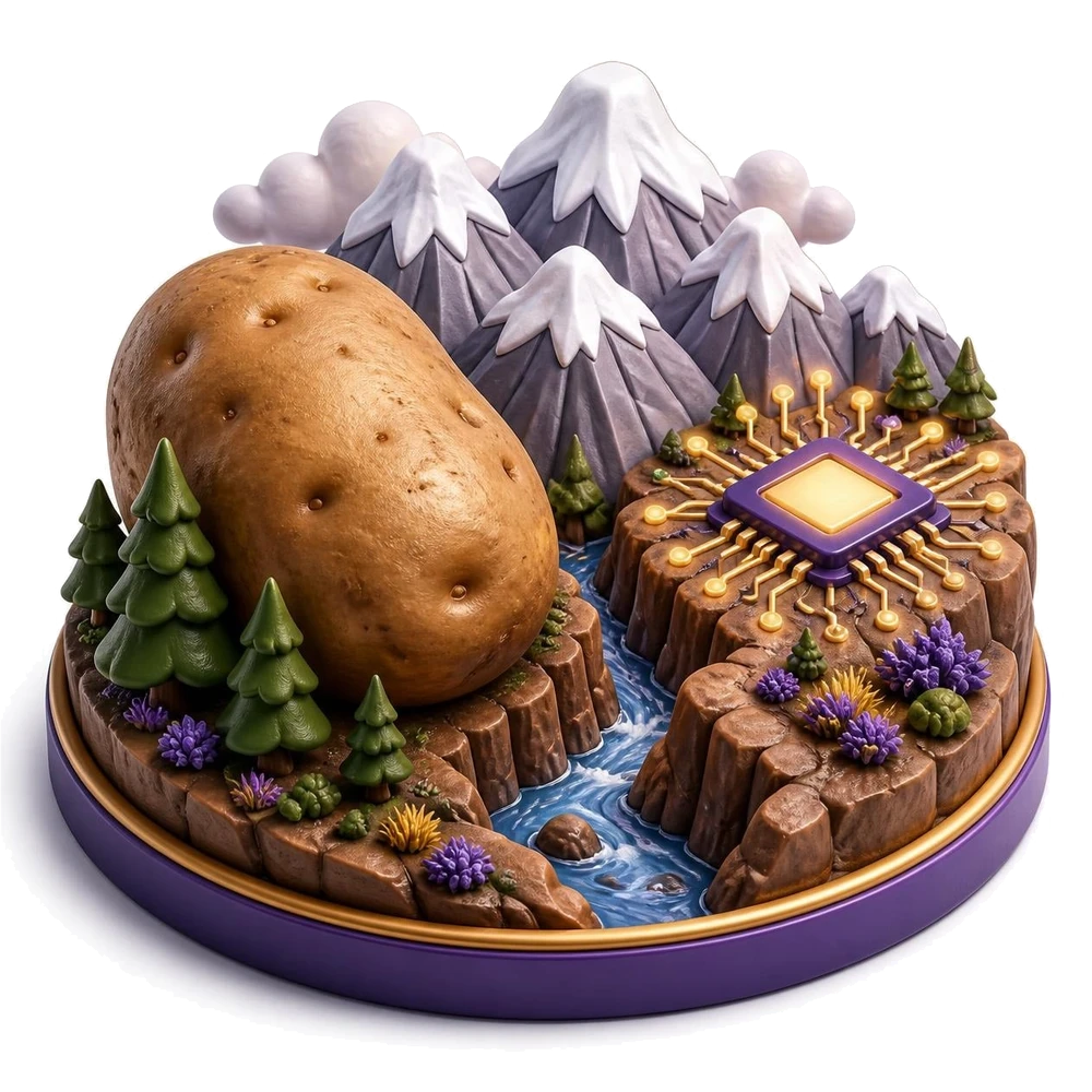 Idaho illustration with a potato, snowy mountains, a river canyon and a microchip