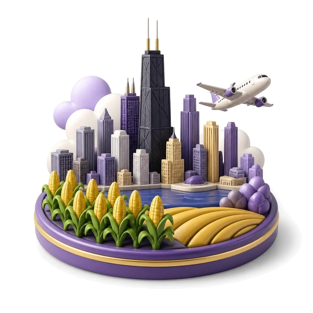 Illinois illustration with the Chicago skyline, a cornfield and an airplane