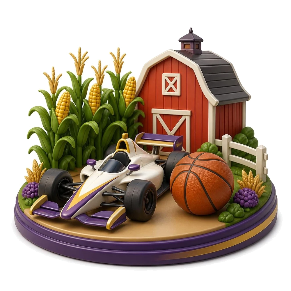 Indiana illustration with a race car, a basketball, a cornfield and a red barn