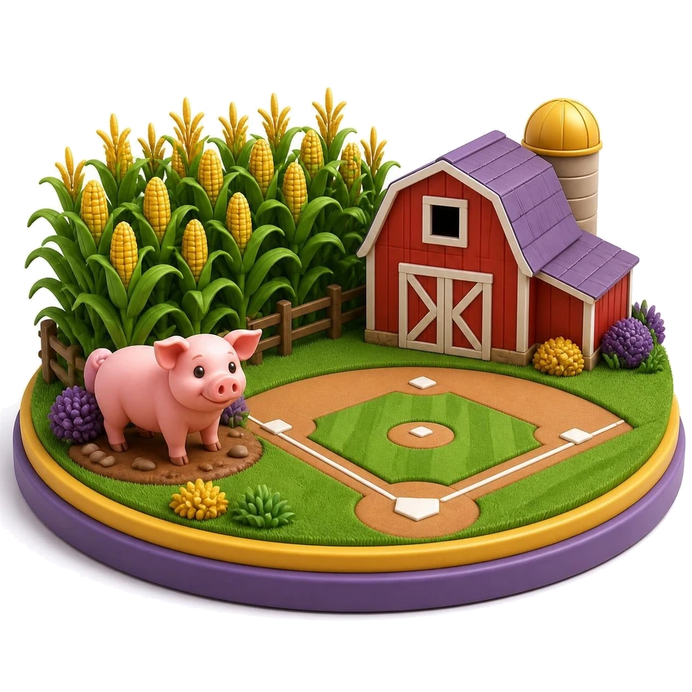 Iowa illustration with a cornfield, a red barn, a pig and a baseball field