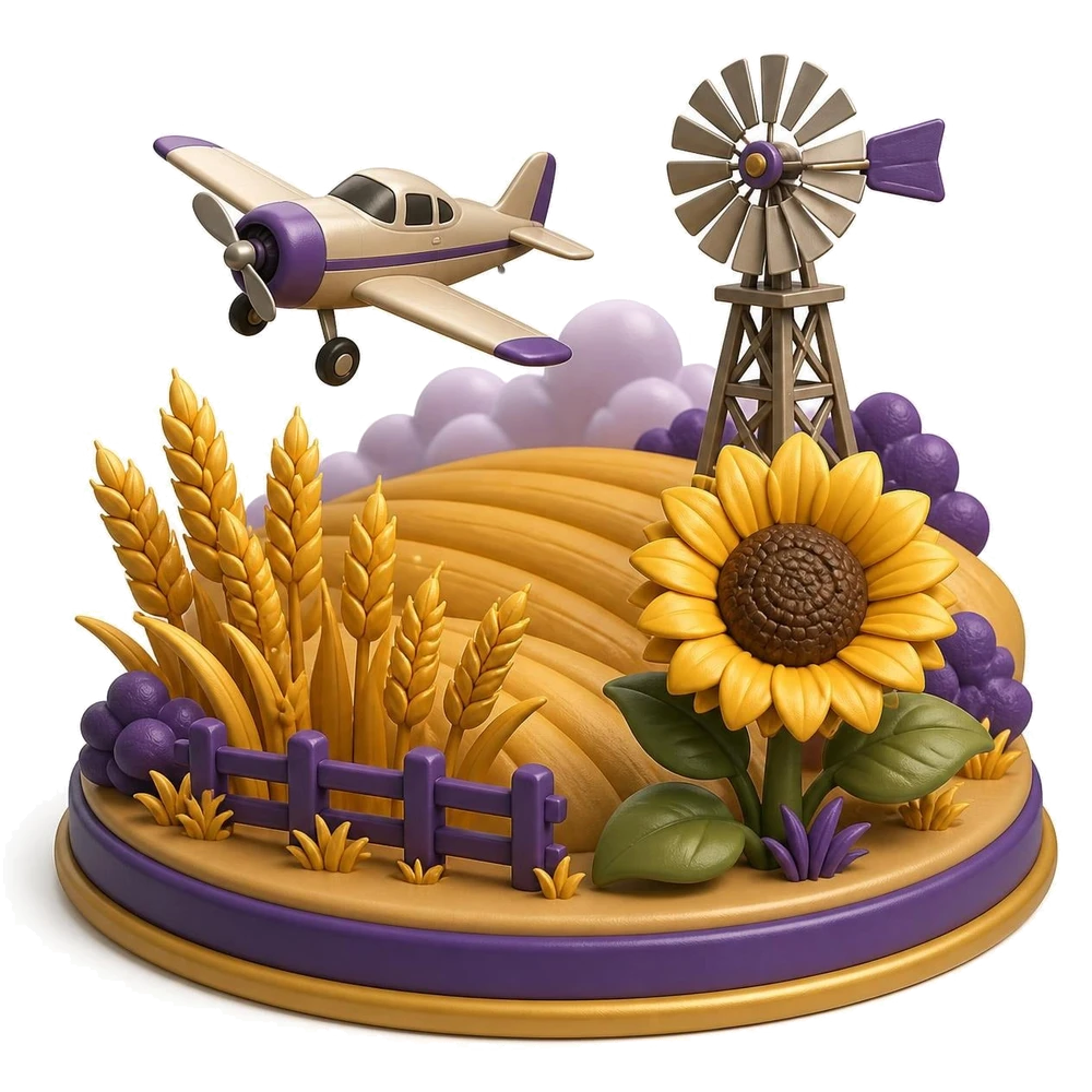 Kansas illustration with a wheat field, a small airplane, a sunflower and a windmill