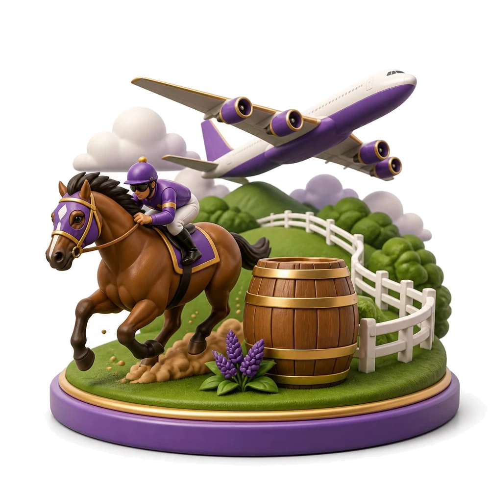 Kentucky illustration with a racing horse, a wooden barrel, green hills and a cargo airplane