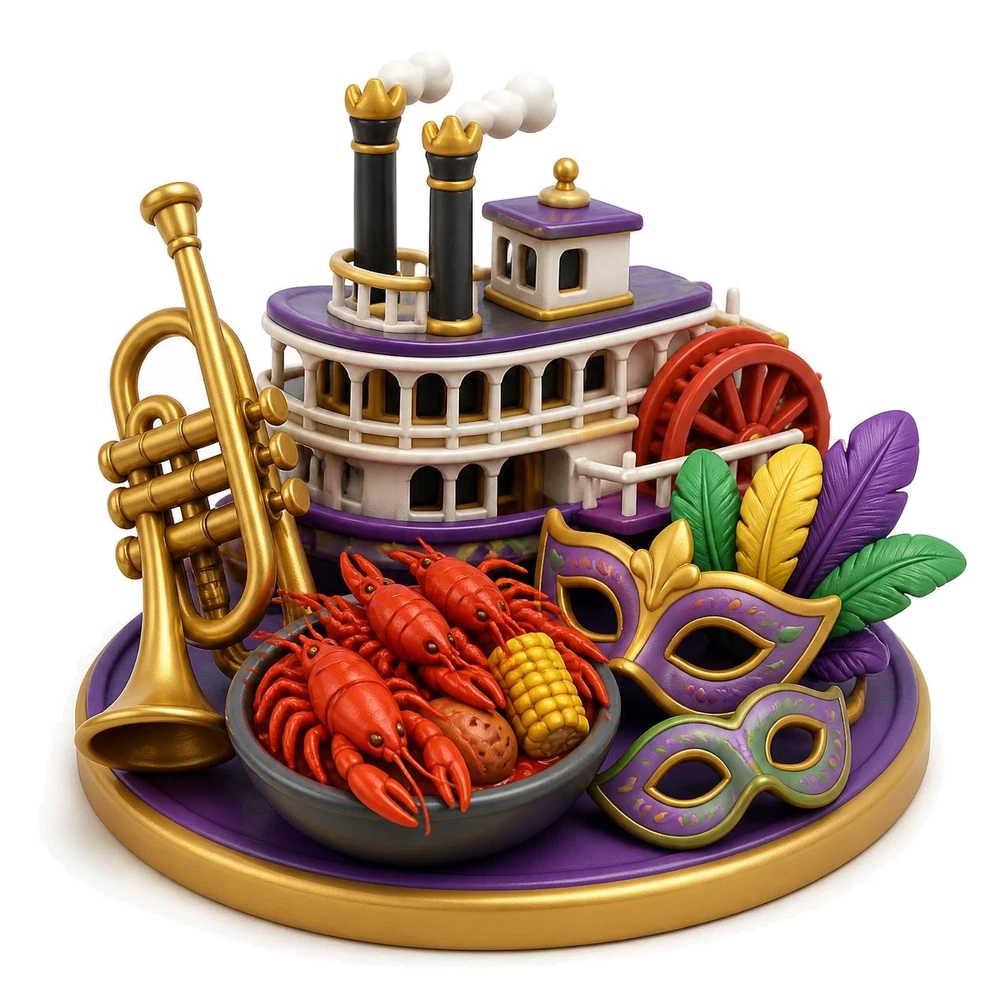 Louisiana illustration with a trumpet, a steamboat, crawfish and carnival masks