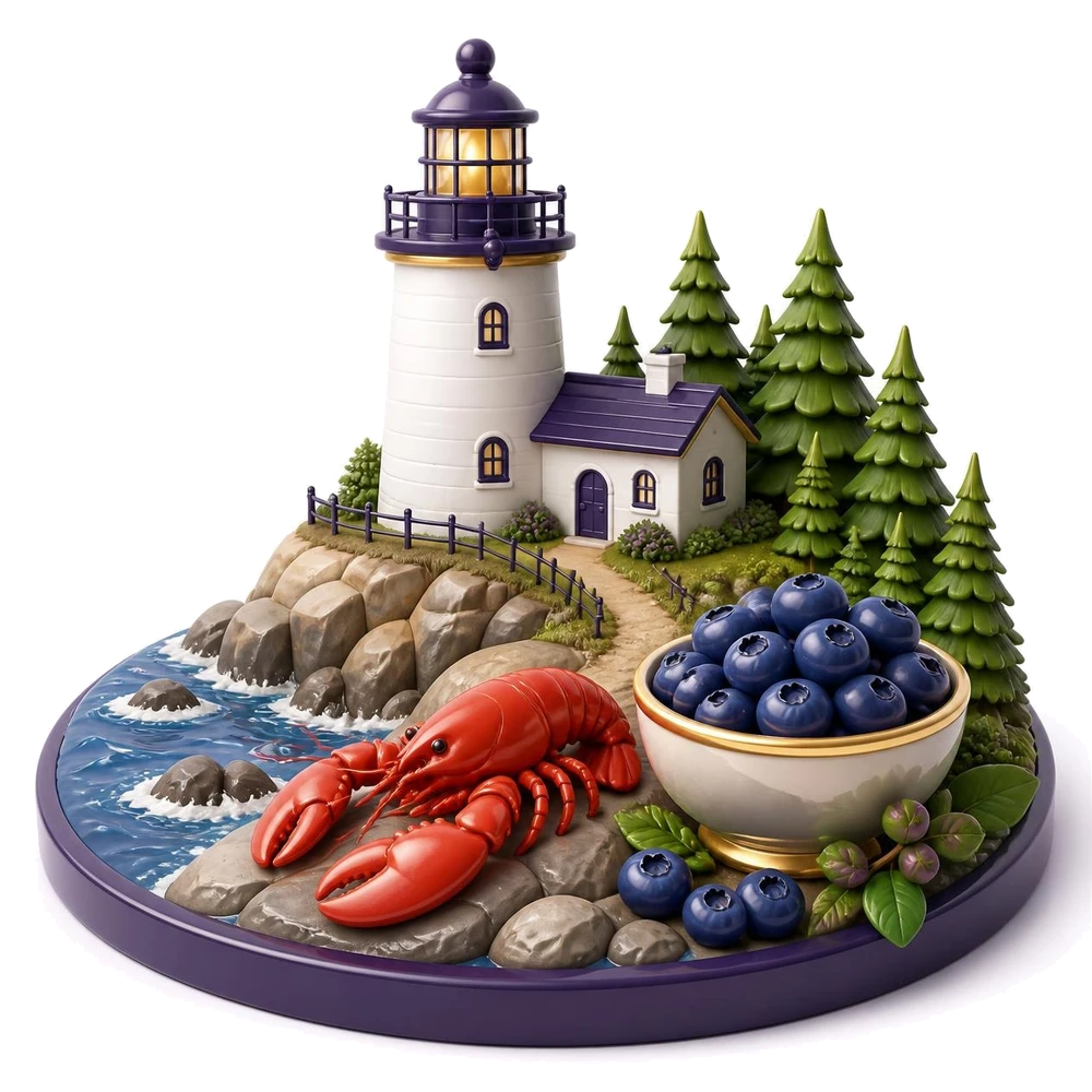 Maine illustration with a lighthouse on a rocky coast, a lobster, a pine forest and blueberries