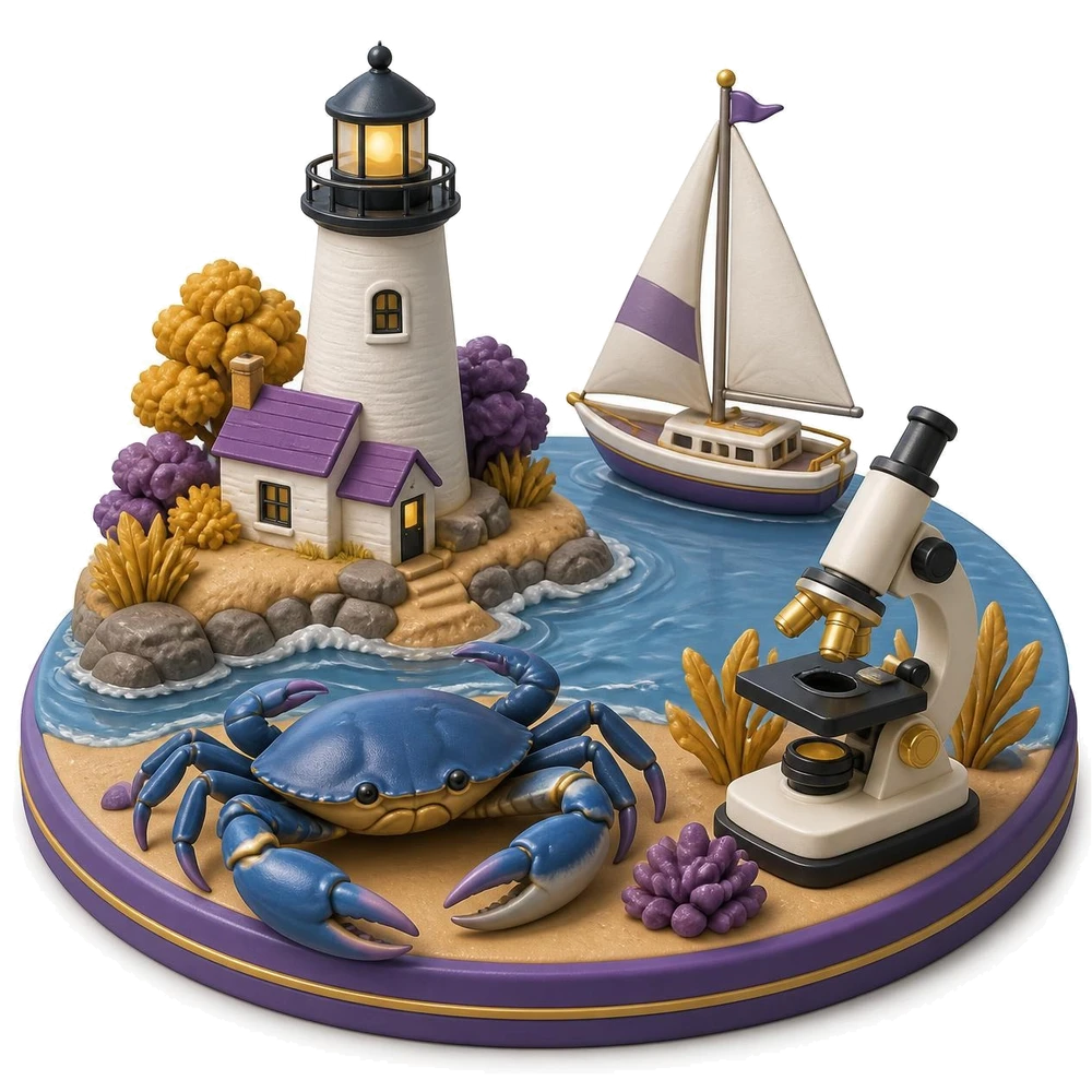 Maryland illustration with a blue crab, a bay lighthouse, a sailboat and a microscope