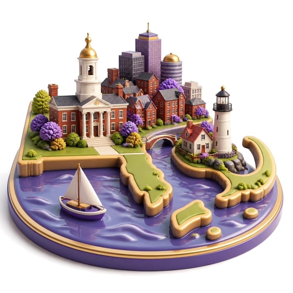 Massachusetts illustration with Boston brick buildings, a university hall, a sailboat on the river and a lighthouse