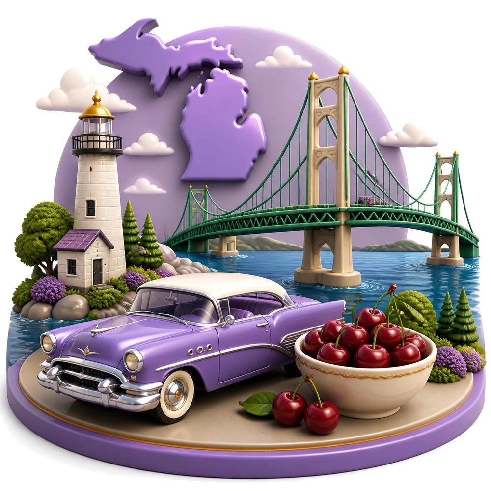 Michigan illustration with a classic car, a suspension bridge, a lighthouse and cherries