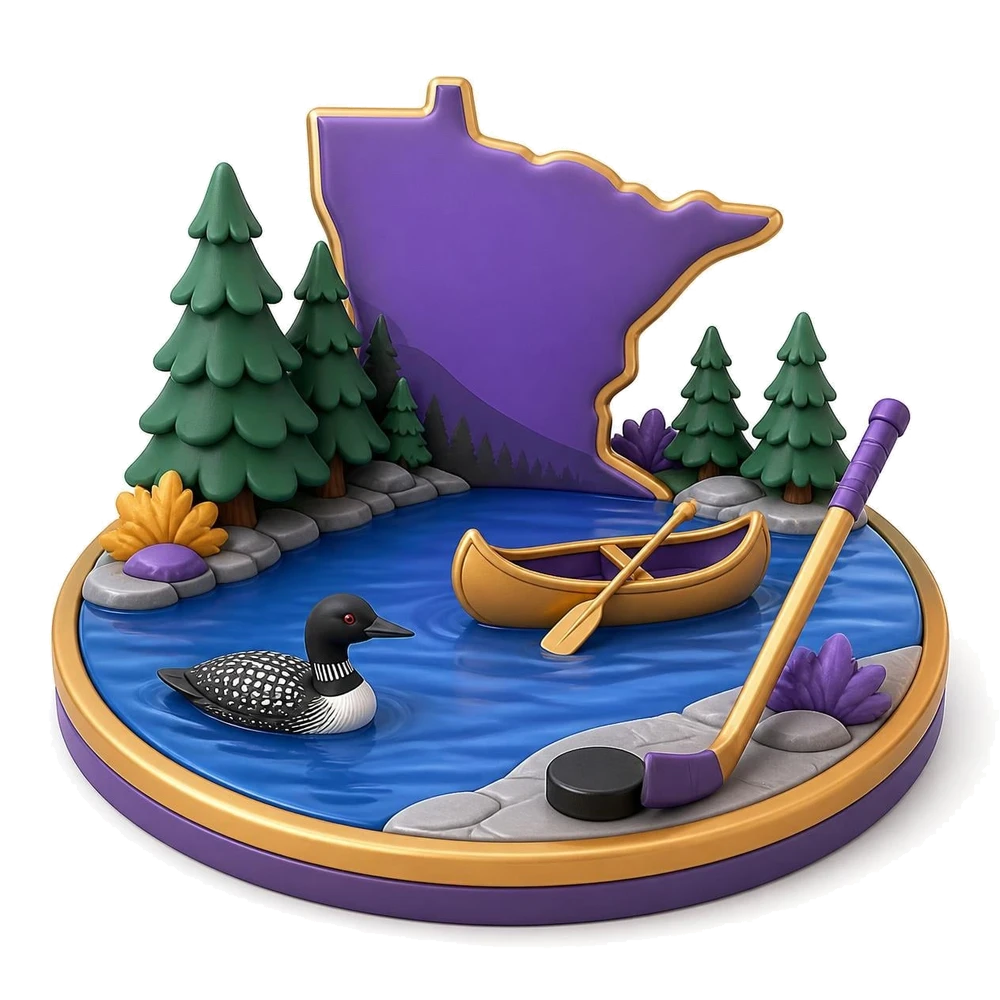 Minnesota illustration with a lake and a canoe, pine trees, a loon and a hockey stick