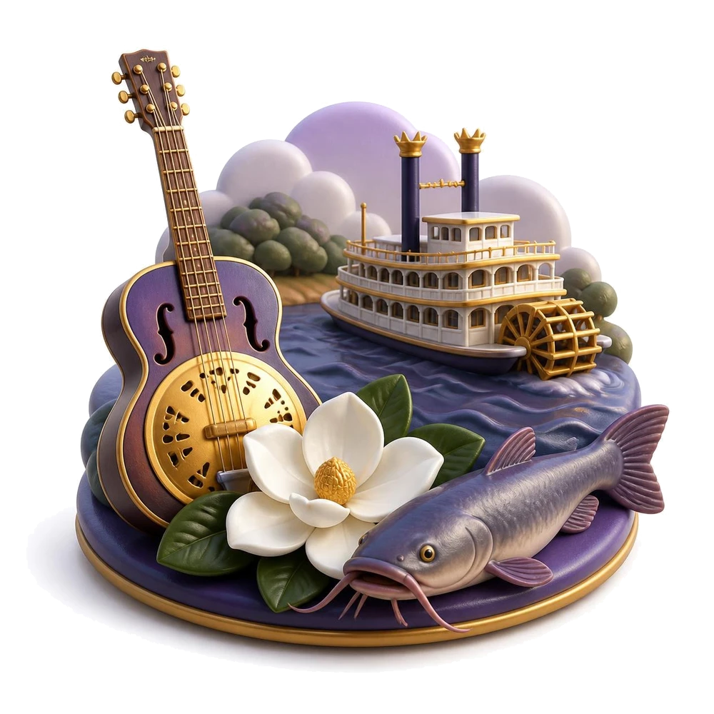 Mississippi illustration with a blues guitar, a riverboat, a magnolia flower and a catfish