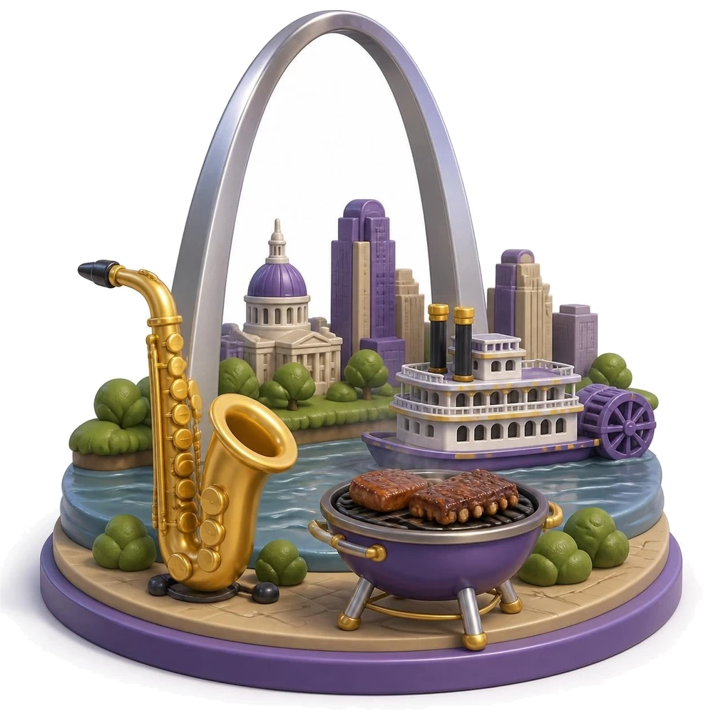 Missouri illustration with a steel arch by a river, a saxophone, a riverboat and a barbecue grill