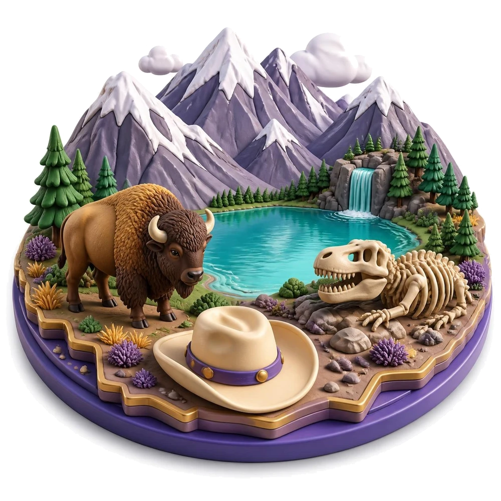Montana illustration with snowy mountains and a glacier lake, a bison, a cowboy hat and a dinosaur skeleton
