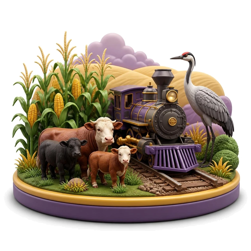 Nebraska illustration with a cornfield, cattle, a steam locomotive and a crane bird