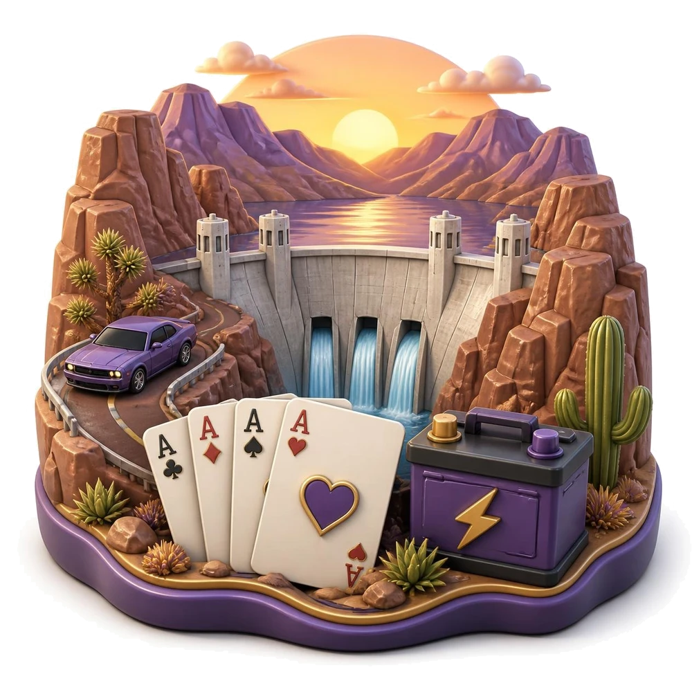 Nevada illustration with a dam in a desert canyon, desert mountains, playing cards and a battery
