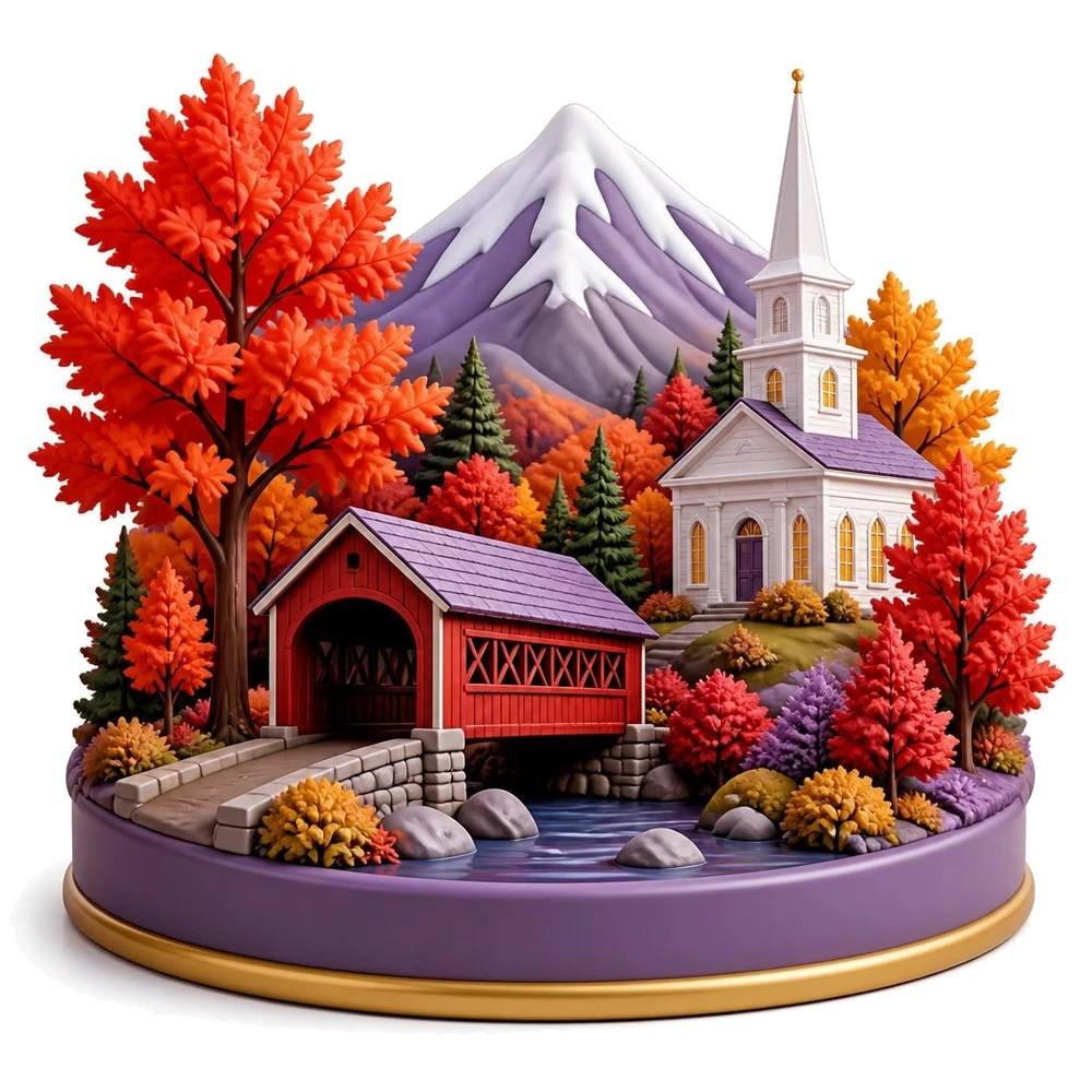 New Hampshire illustration with autumn maple trees, a covered bridge, a snowy mountain and a white church