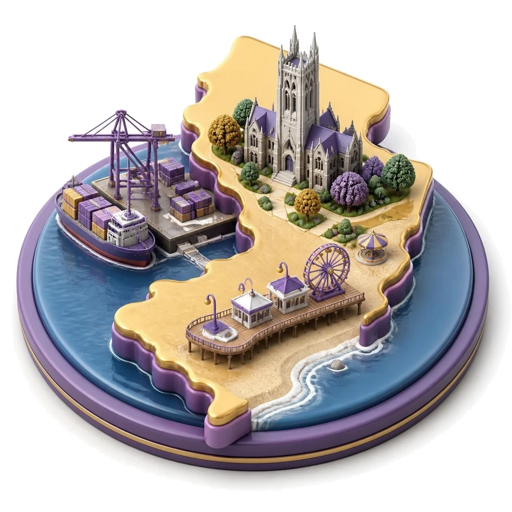 New Jersey illustration with a container port, a university tower and a beach boardwalk