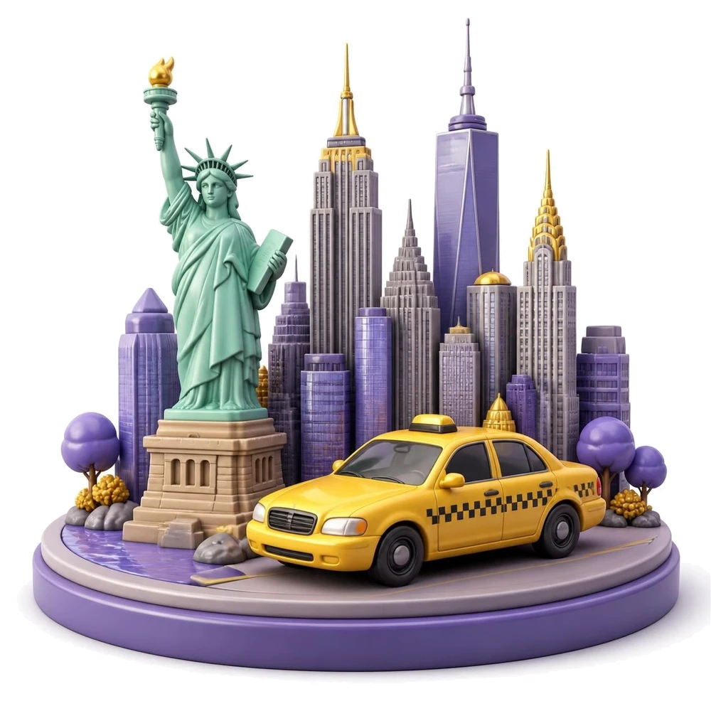 New York illustration with the Statue of Liberty, Manhattan skyscrapers and a yellow taxi
