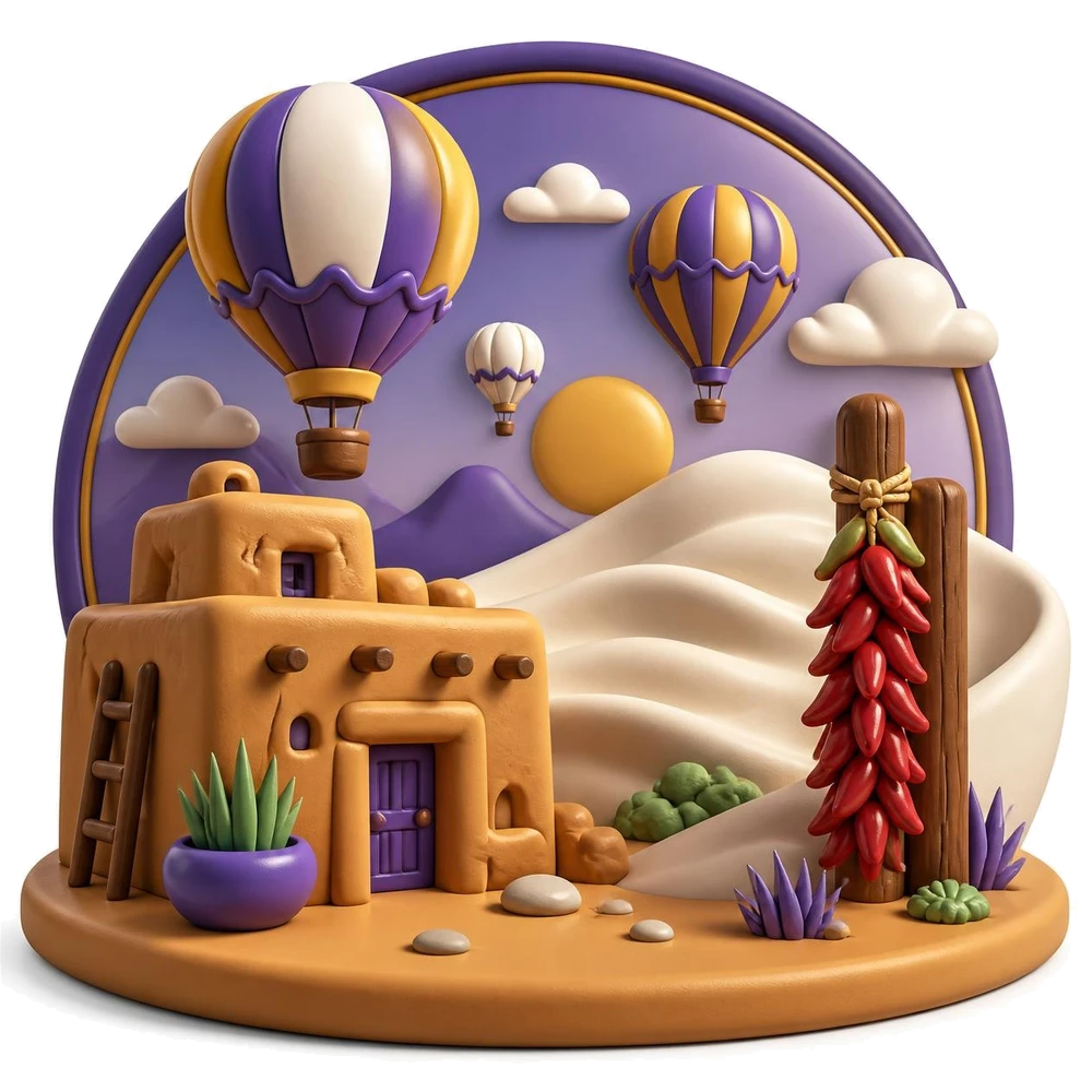 New Mexico illustration with hot air balloons, an adobe building, red chili peppers and white sand dunes