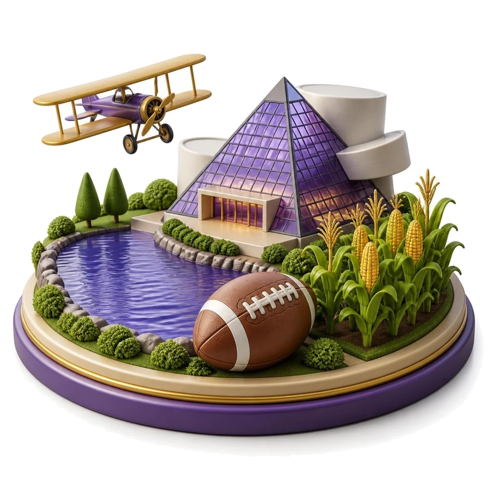 Ohio illustration with a glass pyramid museum, an early biplane, a football and a cornfield