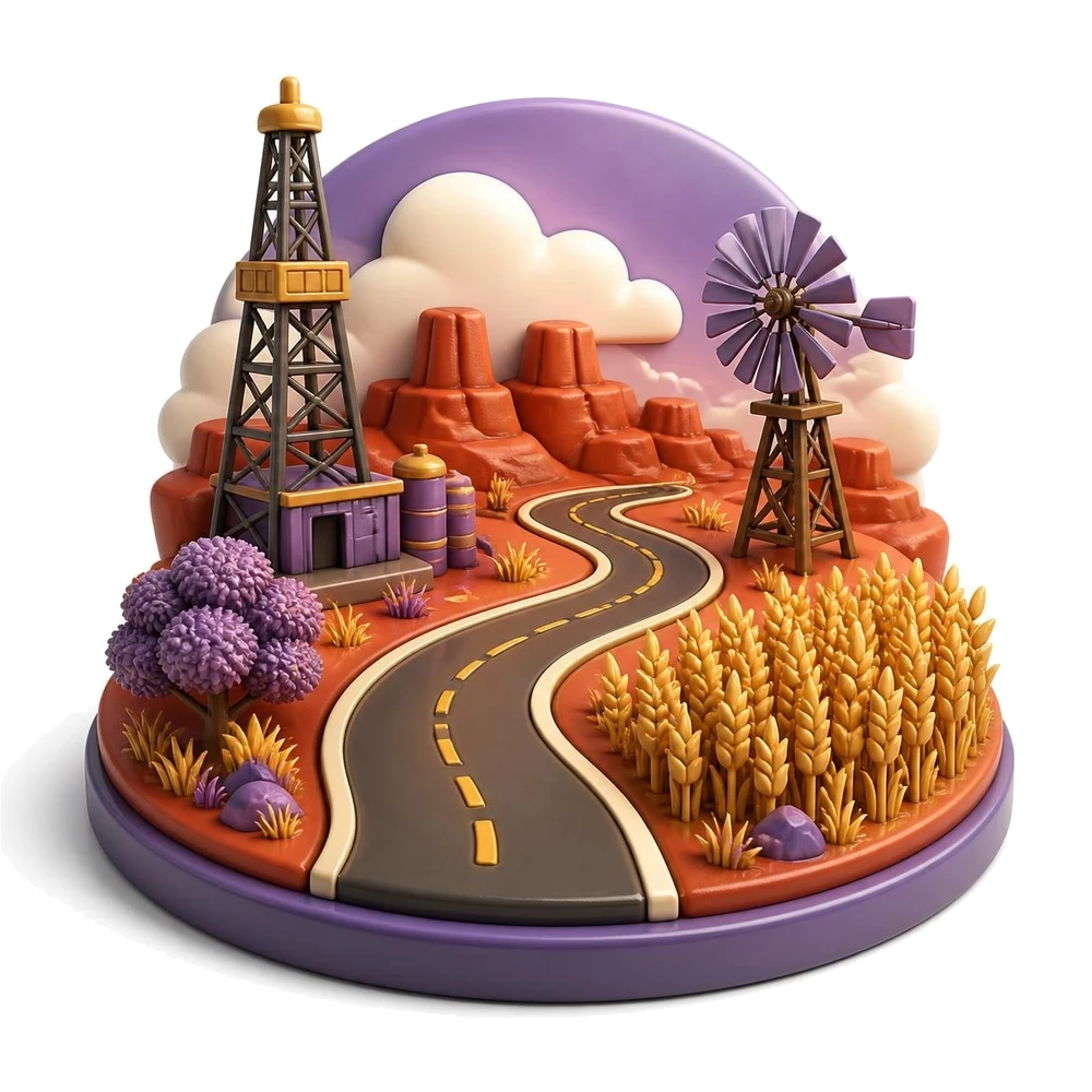Oklahoma illustration with an oil derrick, a winding highway, a windmill and a wheat field