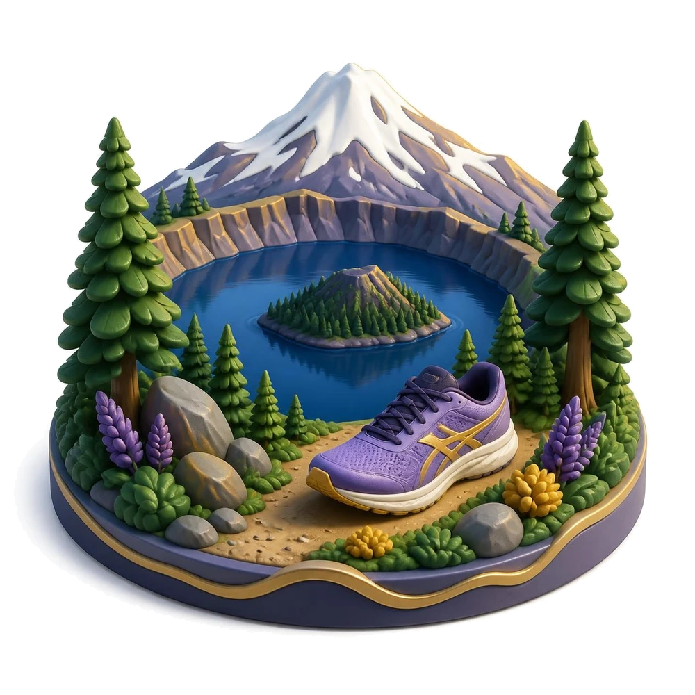 Oregon illustration with a crater lake, a snowy mountain, a running shoe and pine trees