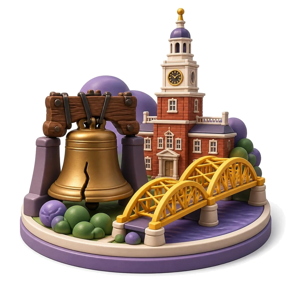 Pennsylvania illustration with the Liberty Bell, Independence Hall and a steel bridge