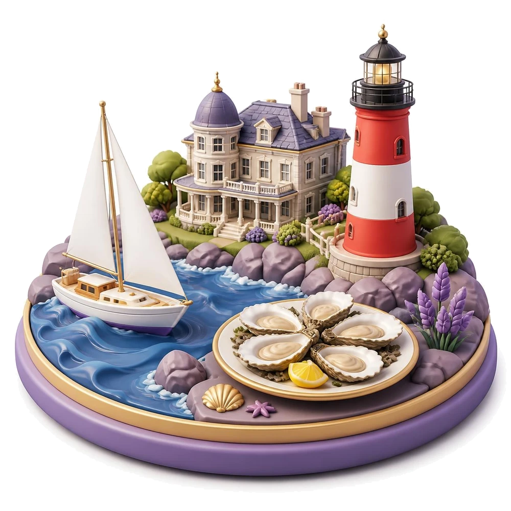 Rhode Island illustration with a sailboat, a seaside mansion, a lighthouse and oysters