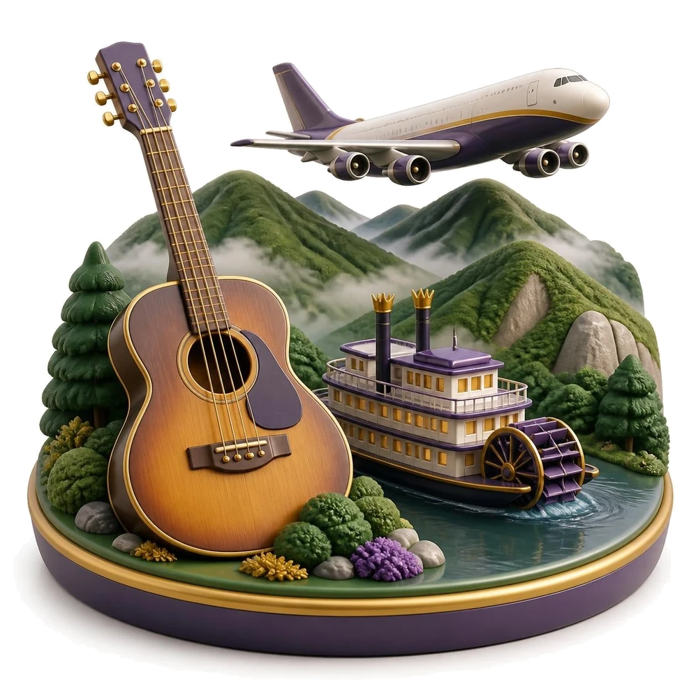 Tennessee illustration with a guitar, misty mountains, a riverboat and a cargo airplane
